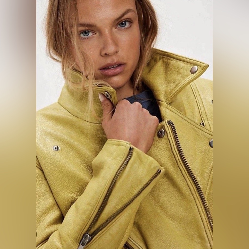 Free People We The Free Jealousy Leather Moto Jacket Distressed Mustard Canary